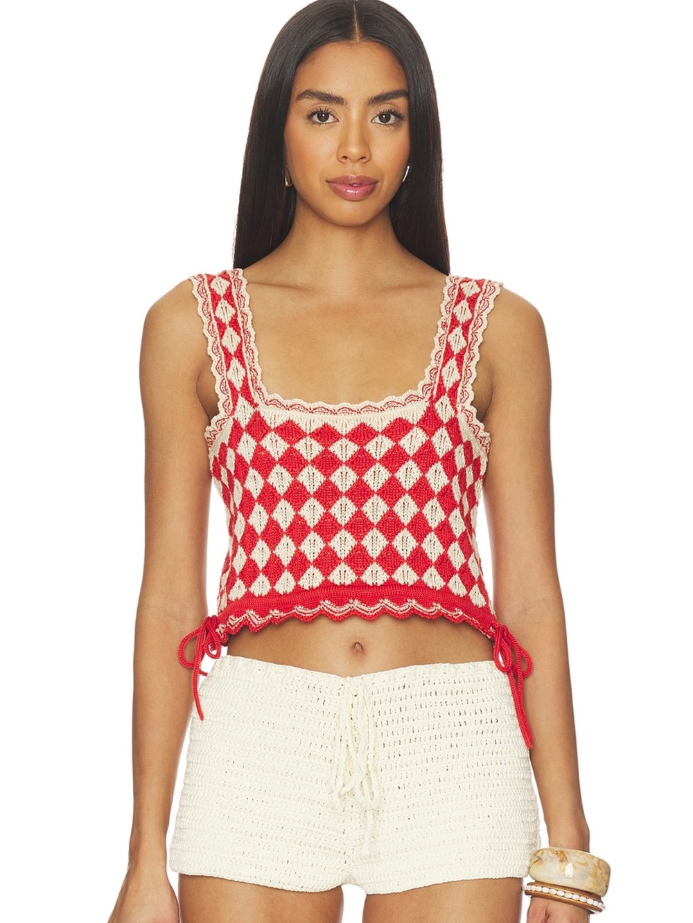 MOTHER Red and Cream Crochet Checkered Square-Neck Crop Top